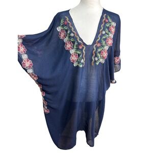 Kaftan Coverup Navy Blue Floral Embroidered Gauzy Boho Beach Vacation Dress OSFM